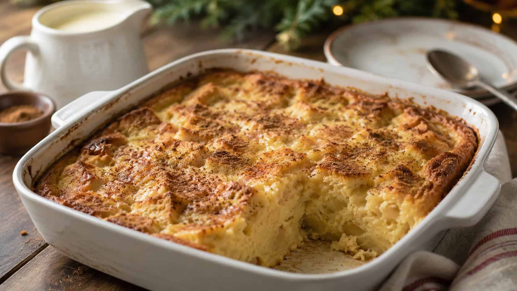 golden eggnog bread pudding with a custardy interior and crisp top dusted with nutmeg, shown in a wide horizontal composition in a baking dish on a cozy table with a pitcher of cream, warm natural light, shallow depth of field, landscape orientation