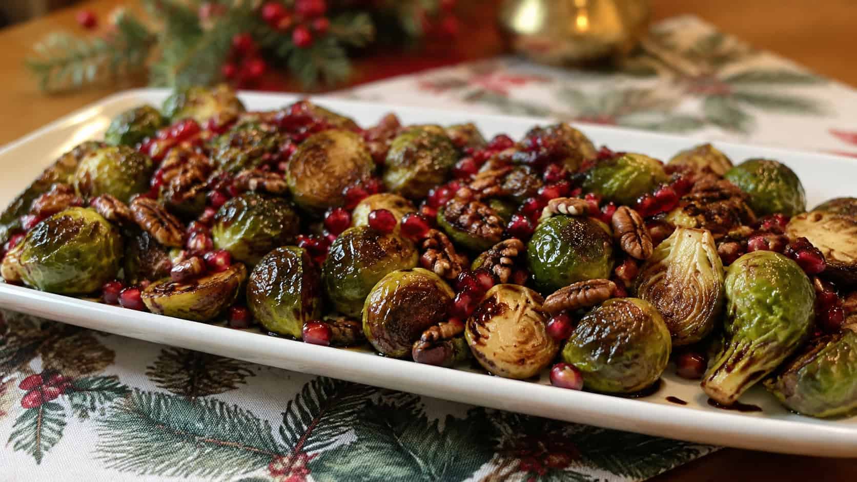 roasted brussels sprouts topped with ruby pomegranate seeds and toasted pecans drizzled with balsamic glaze, shown in a wide horizontal shot on a white platter over a festive runner, warm natural light, shallow depth of field, landscape orientation