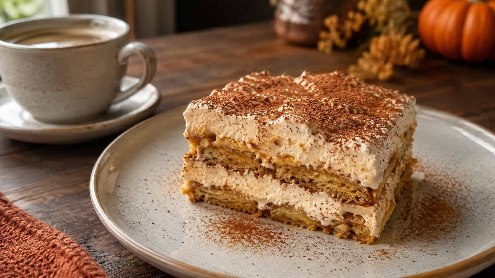 a slice of pumpkin spice tiramisu showing creamy layers dusted with cocoa powder and a sprinkle of spice, shown in a wide horizontal composition on a plate beside a coffee cup on a cozy table, warm natural light, shallow depth of field, landscape orientation