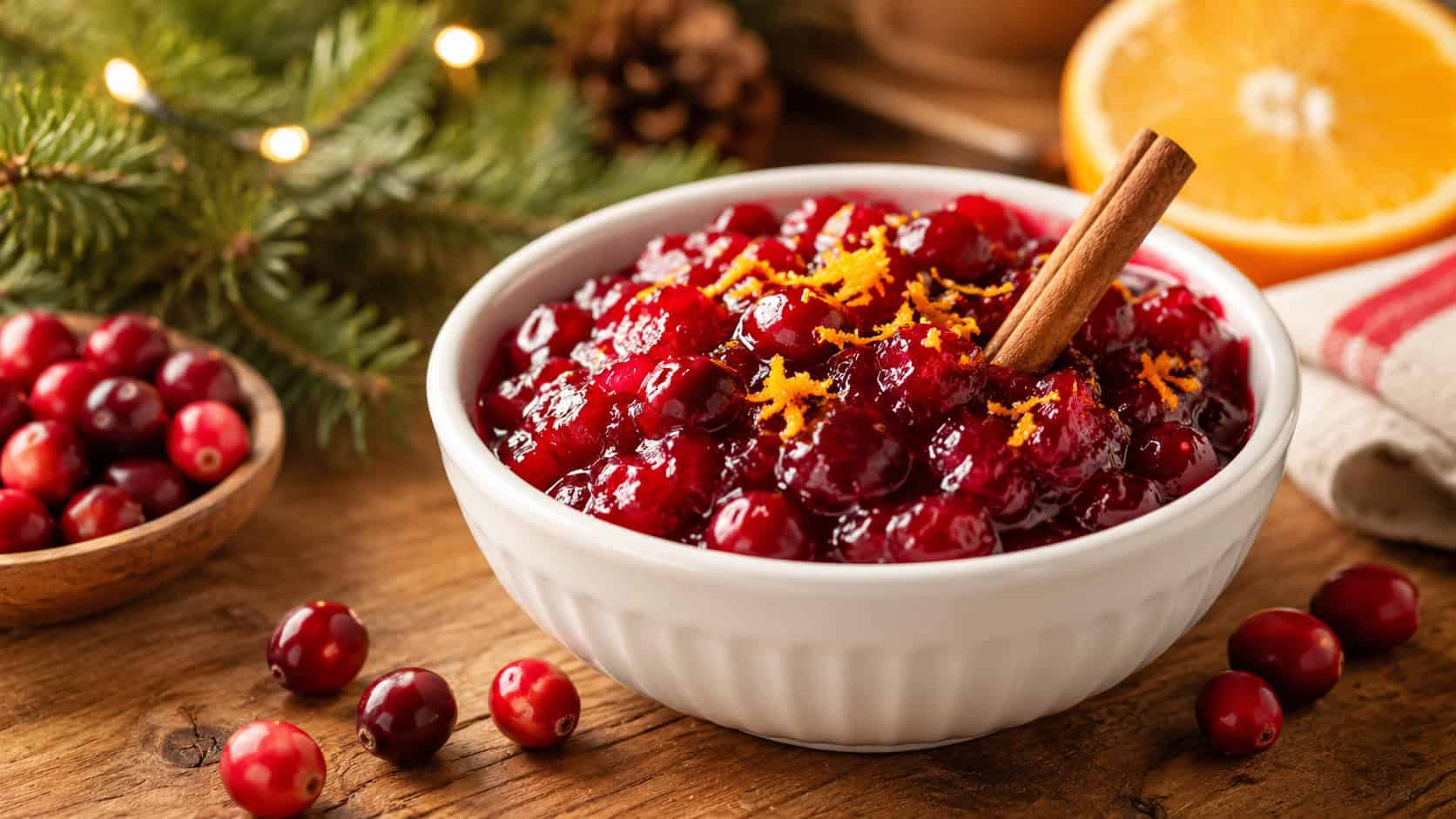 glossy deep red spiced cranberry sauce with a cinnamon stick and orange zest in a small white bowl, shown in a wide horizontal shot on a wooden holiday table with fresh cranberries scattered nearby, warm natural light, shallow depth of field, landscape orientation