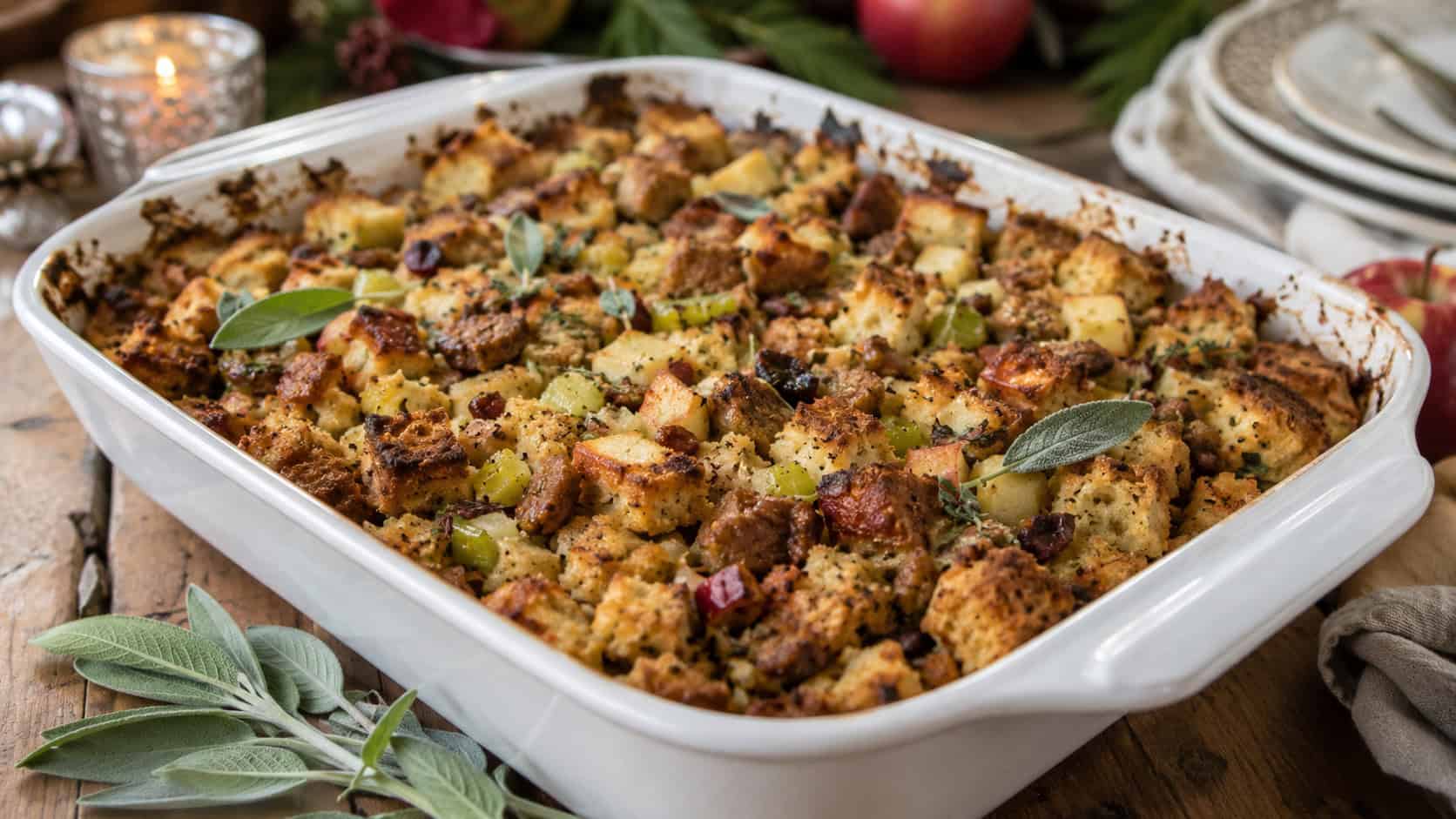 a rustic chestnut and apple stuffing with golden crisp edges and flecks of sage in a baking dish, shown in a wide horizontal shot on a wooden holiday table with sage sprigs nearby, warm natural light, shallow depth of field, landscape orientation
