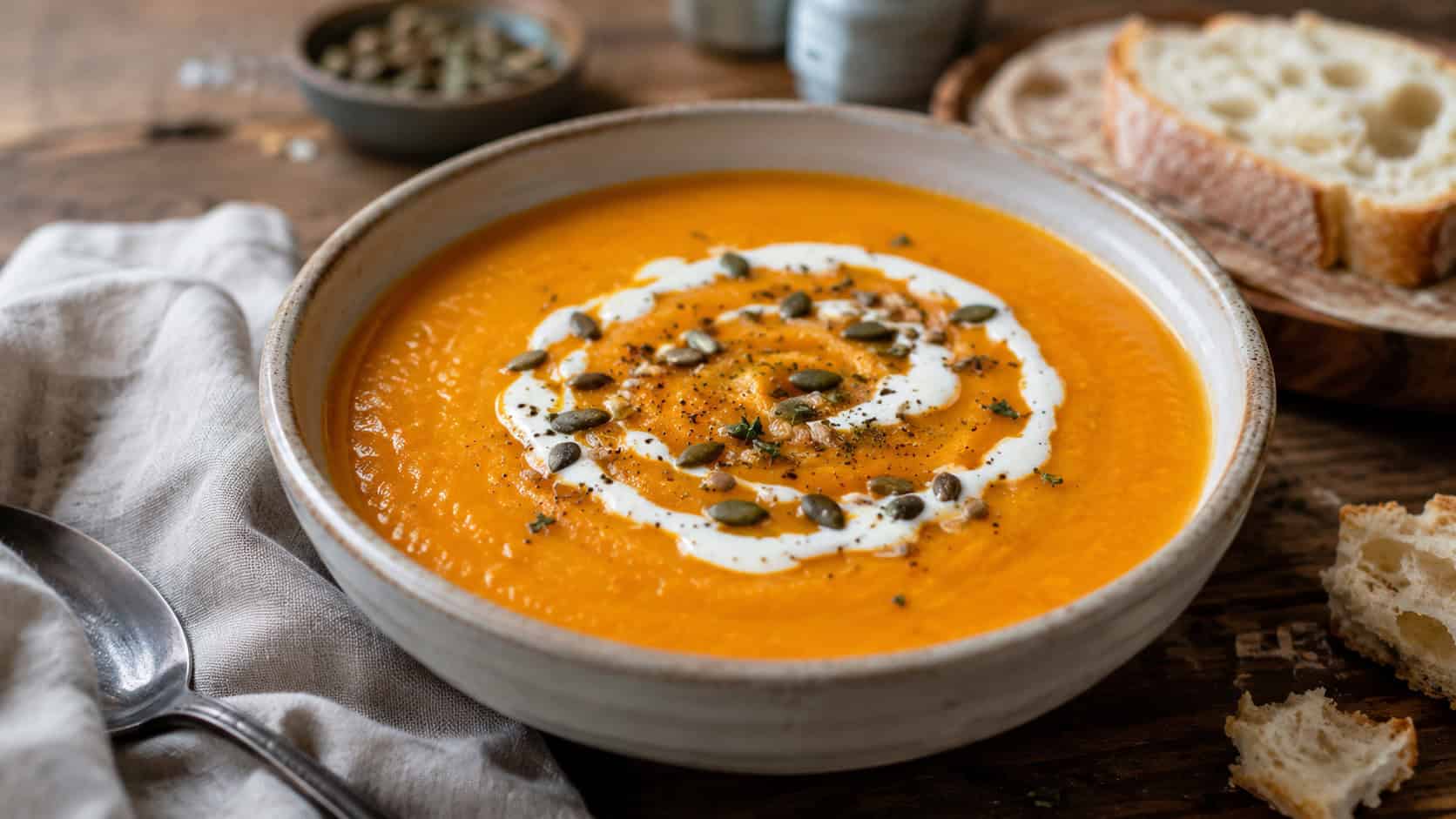 a bowl of velvety orange carrot soup with a swirl of cream and a sprinkle of seeds, shown in a wide horizontal shot on a rustic table with crusty bread and a linen napkin, warm natural light, shallow depth of field, landscape orientation