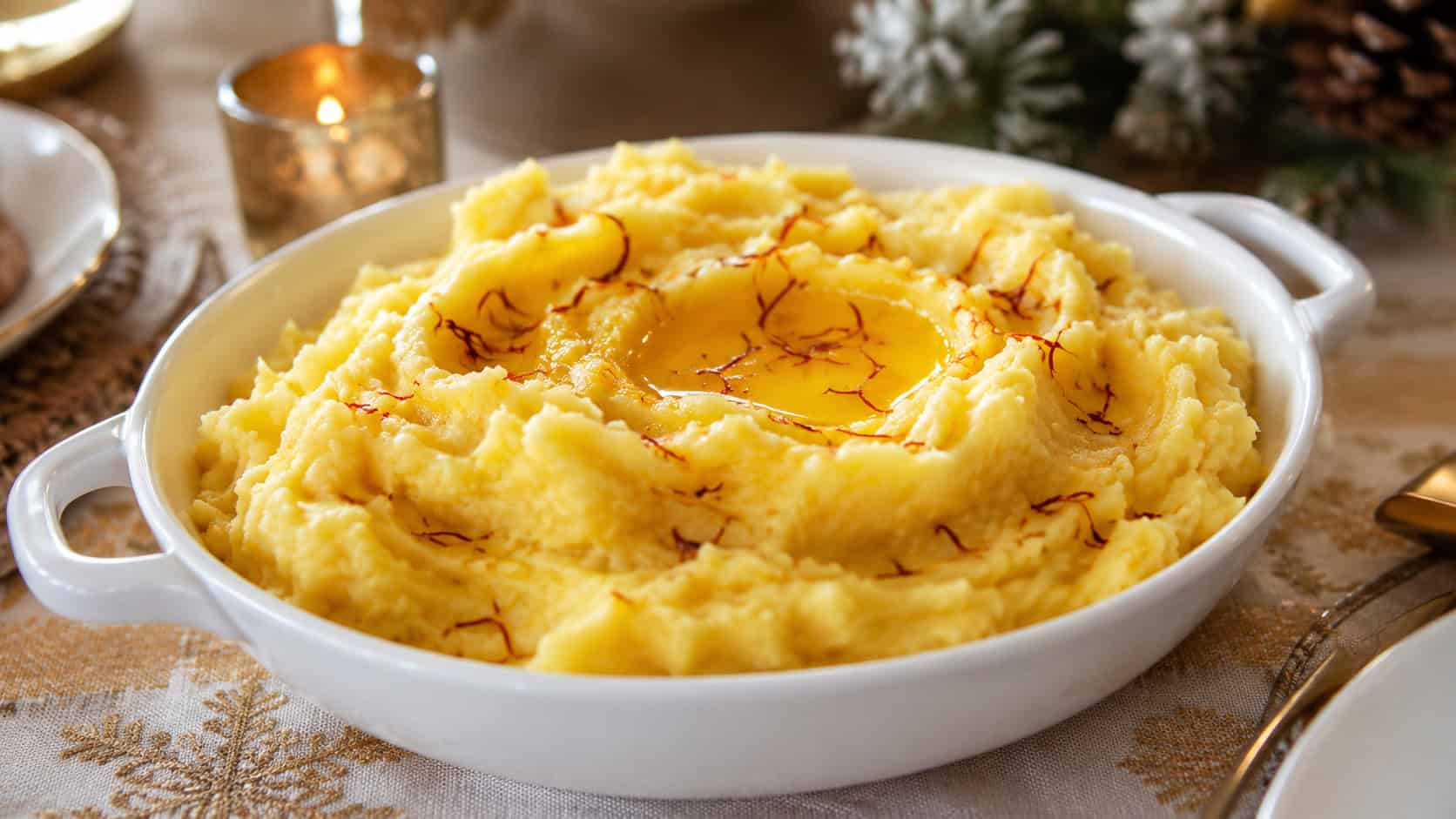 a bowl of golden saffron mashed potatoes swirled with melted butter and a few saffron threads on top, shown in a wide horizontal composition in a white dish on a holiday table, warm natural light, shallow depth of field, landscape orientation
