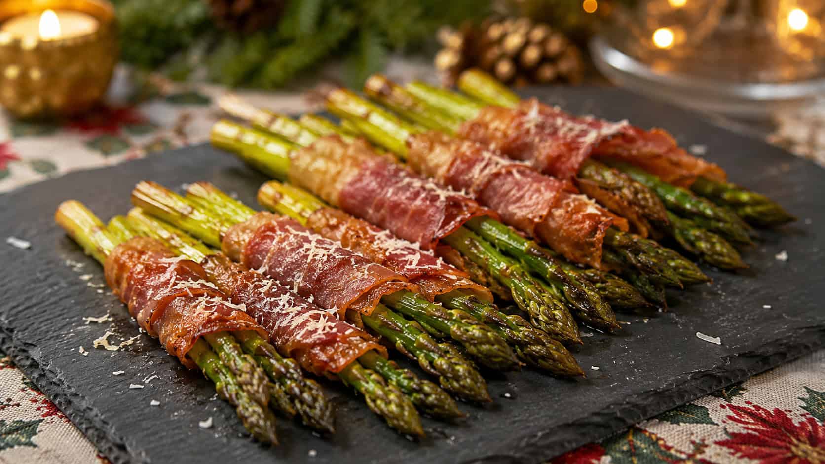 bundles of roasted asparagus wrapped in crispy prosciutto sprinkled with parmesan, arranged in a wide horizontal shot on a slate board over a festive table, warm natural light, shallow depth of field, landscape orientation