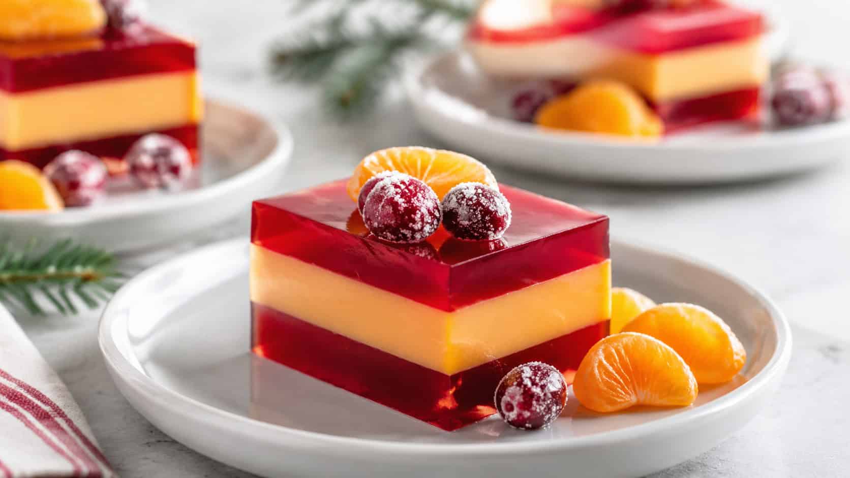 squares of two-layered cranberry and creamy orange jello showing distinct red and pastel stripes, in a wide horizontal shot plated on white dishes with mandarin segments and a sugared cranberry garnish, bright natural light, shallow depth of field, landscape orientation