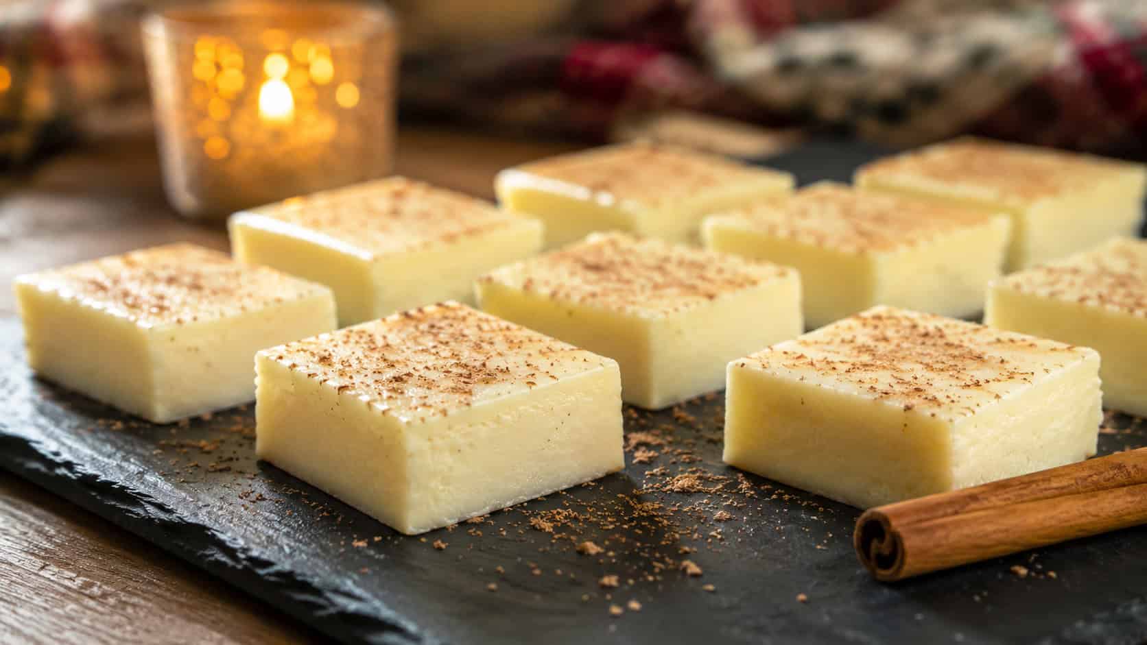 pale creamy eggnog jello squares dusted with grated nutmeg, in a wide horizontal shot arranged on a dark slate board with a cinnamon stick and cozy candlelight blurred behind, warm natural light, shallow depth of field, landscape orientation