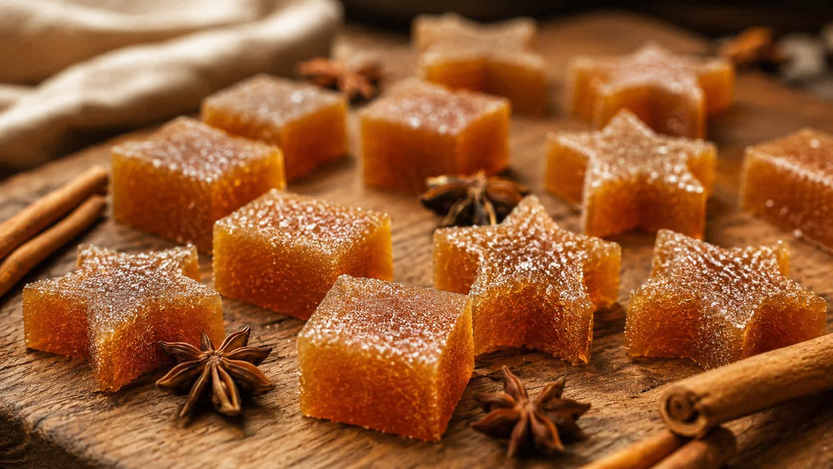 amber-colored gingerbread jello bites cut into little squares and star shapes, in a wide horizontal shot on a wooden board with cinnamon sticks and star anise scattered around, warm natural light, shallow depth of field, landscape orientation
