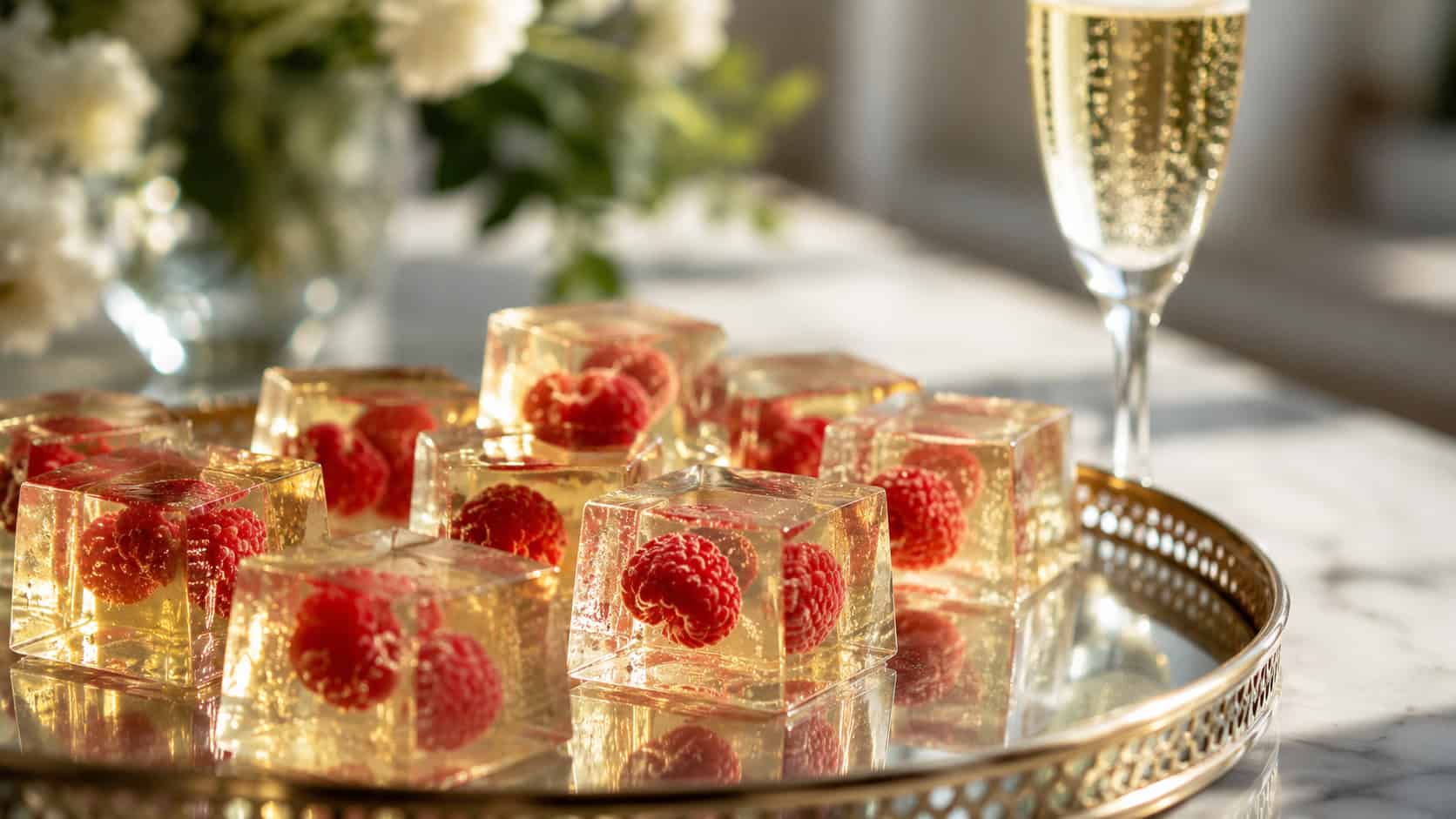 translucent golden champagne gelatin cubes with raspberries suspended inside, in a wide horizontal shot arranged on a mirrored tray with a flute of bubbly softly blurred behind, elegant natural light, shallow depth of field, landscape orientation