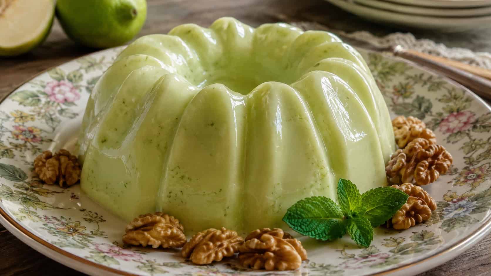 a pale-green creamy lime and pear jello mold with a smooth glossy surface, in a wide horizontal shot unmolded onto a vintage floral plate with walnut halves and a mint leaf, soft natural light, shallow depth of field, landscape orientation