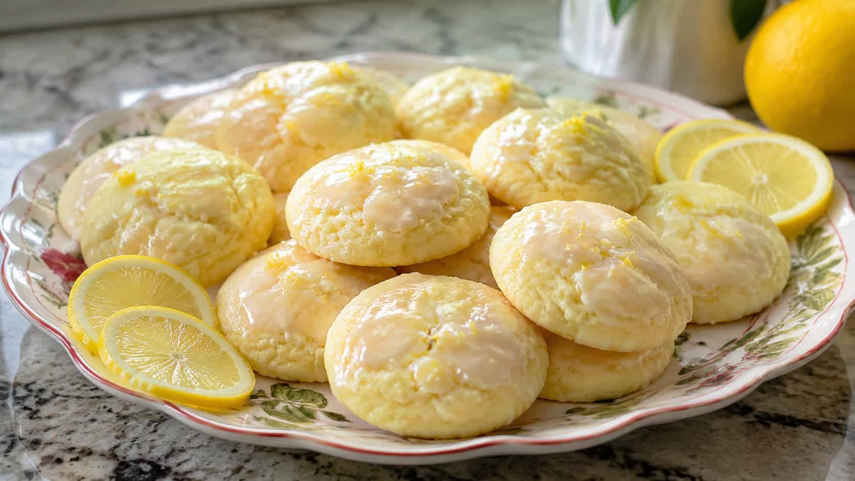 soft pale lemon ricotta cookies topped with a white glaze and flecks of lemon zest, shown in a wide horizontal shot arranged on a festive plate with lemon slices, on a kitchen counter, bright natural light, shallow depth of field, landscape orientation