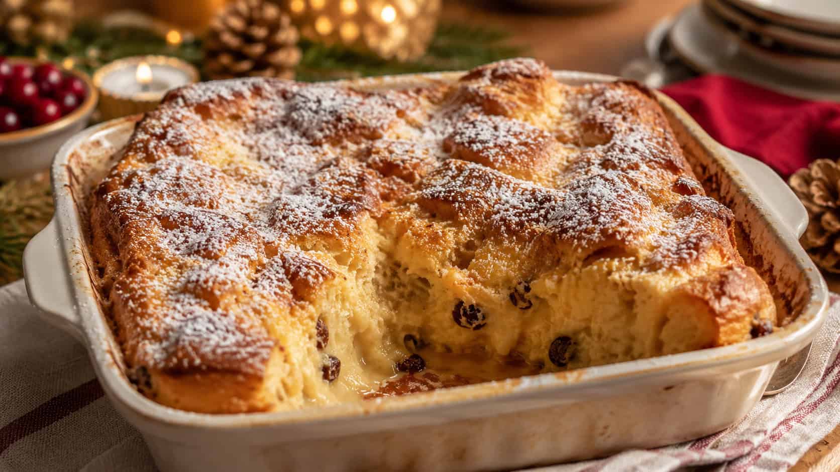 a golden puffed panettone bread pudding with a custardy center, dusted with powdered sugar, shown in a wide horizontal shot in a rustic baking dish with a serving scooped out, on a cozy holiday table, warm natural light, shallow depth of field, landscape orientation