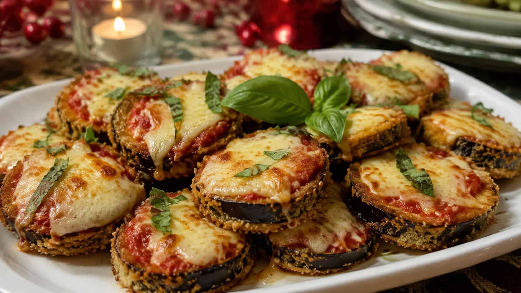 crispy breaded eggplant rounds topped with marinara and bubbling melted mozzarella, shown in a wide horizontal shot on a platter garnished with basil, on a festive table, warm natural light, shallow depth of field, landscape orientation