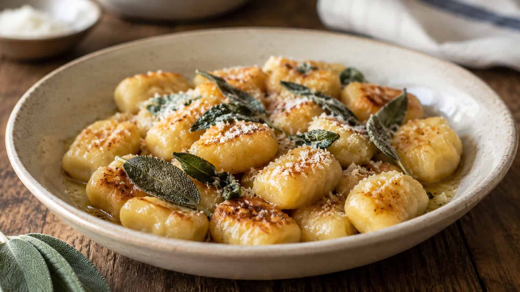 pillowy golden gnocchi glistening in browned butter with crispy sage leaves and a dusting of Parmesan, shown in a wide horizontal shot in a shallow bowl, on a rustic wooden table, warm natural light, shallow depth of field, landscape orientation