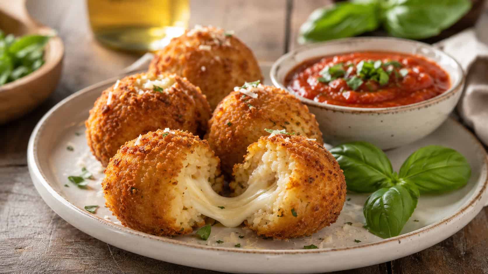 golden crispy fried risotto balls, one split open to reveal a molten mozzarella center, shown in a wide horizontal shot on a plate with a bowl of marinara and fresh basil, on a rustic table, warm natural light, shallow depth of field, landscape orientation