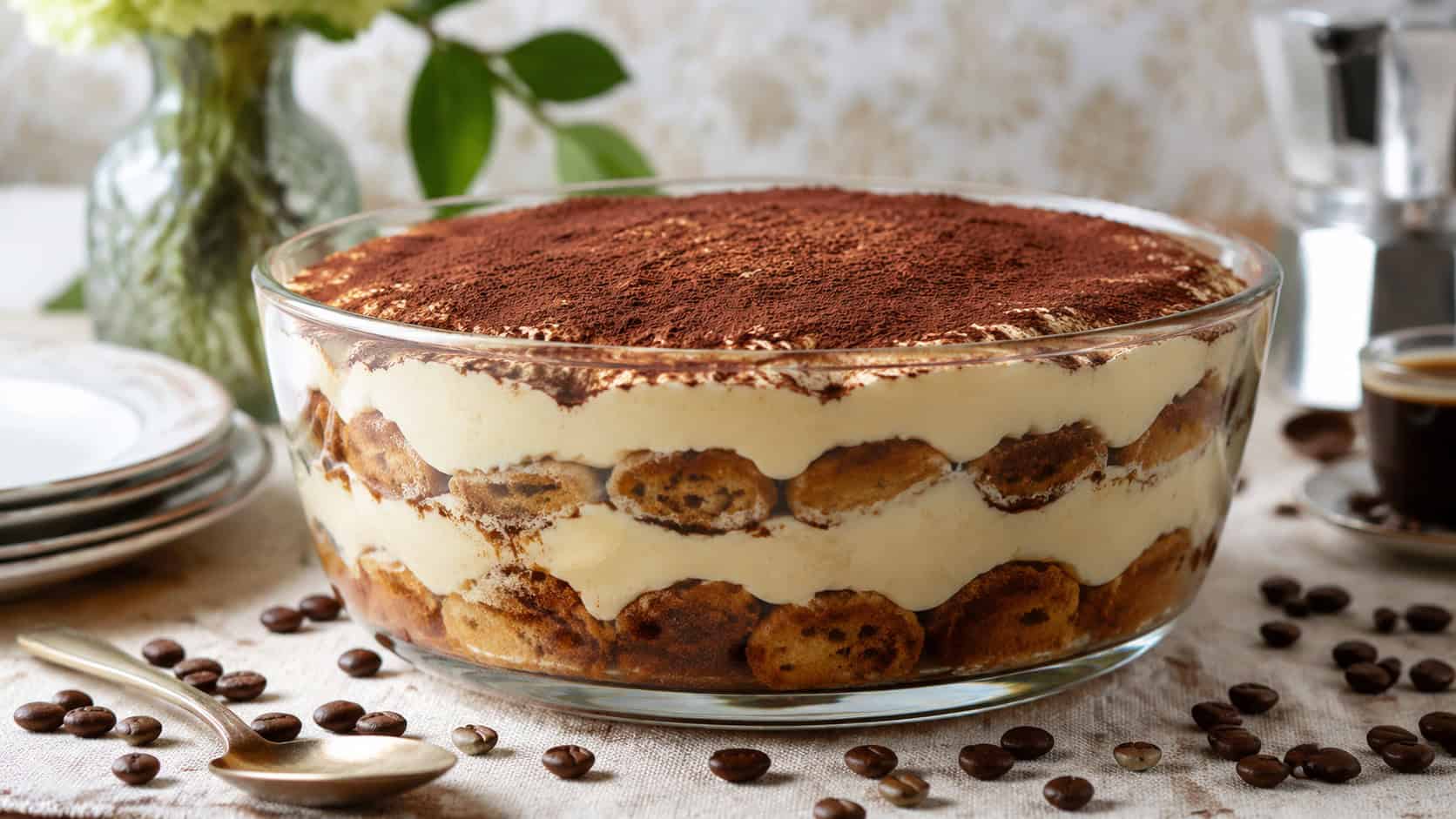 a layered tiramisu trifle in a clear glass dish showing creamy mascarpone layers dusted with cocoa over coffee-soaked ladyfingers, shown in a wide horizontal shot on an elegant table with coffee beans scattered, soft natural light, shallow depth of field, landscape orientation