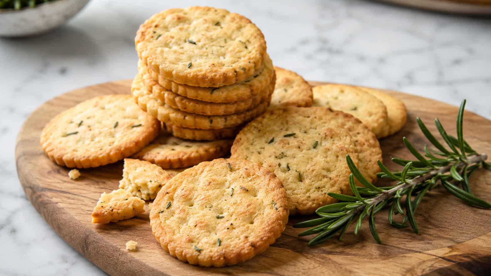 golden round savory shortbread crackers flecked with rosemary, shown in a wide horizontal shot stacked and scattered on a wooden board beside a sprig of rosemary, on a marble counter, bright natural light, shallow depth of field, landscape orientation