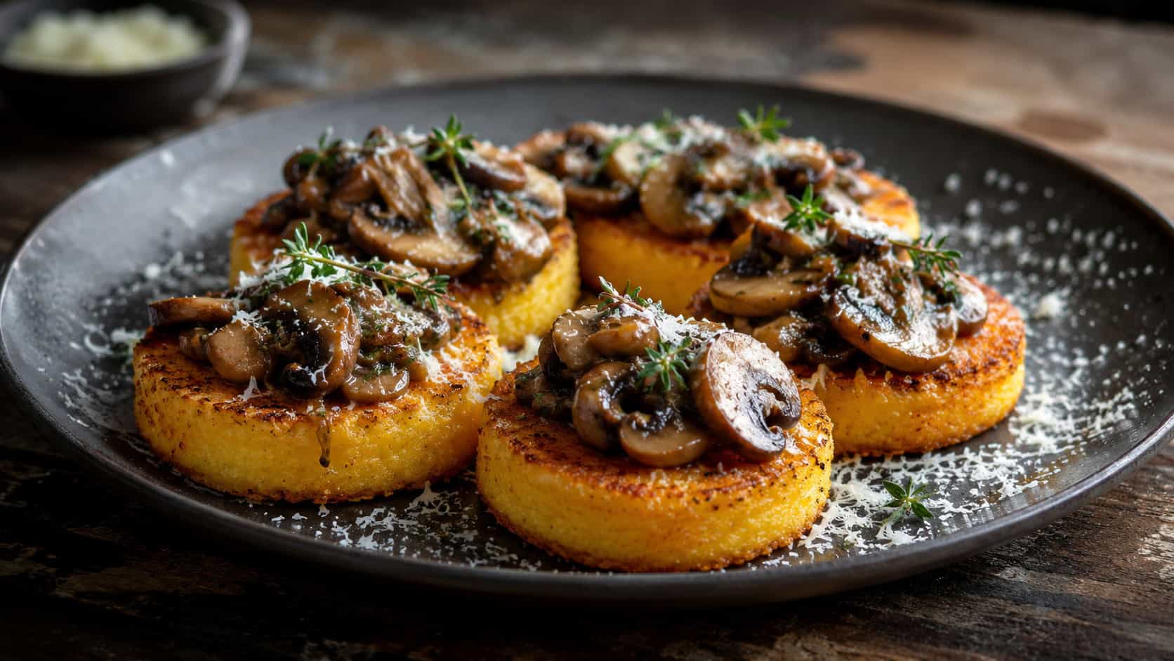 golden crisp polenta rounds topped with glossy sauteed mushrooms and thyme, shown in a wide horizontal shot on a dark plate dusted with Parmesan, on a rustic table, moody natural light, shallow depth of field, landscape orientation