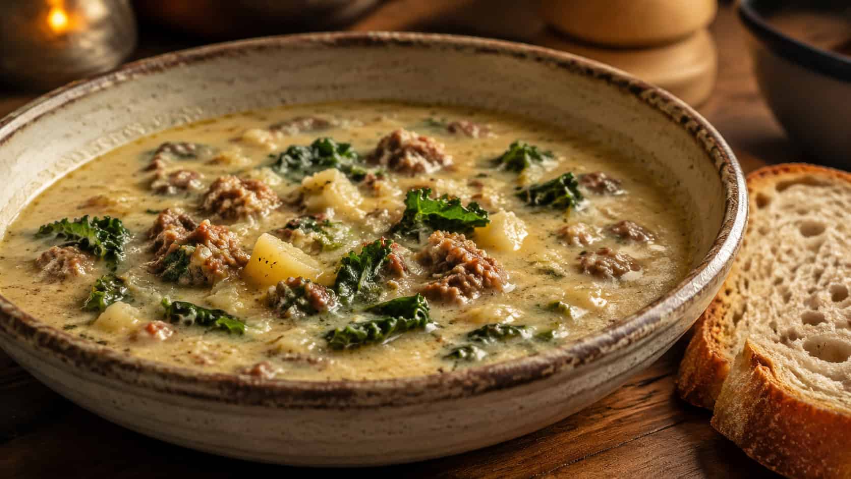 a creamy Tuscan soup with sausage, green kale, and potato chunks in a rich broth, shown in a wide horizontal shot in a rustic bowl with crusty bread beside, on a wooden table, warm cozy light, shallow depth of field, landscape orientation