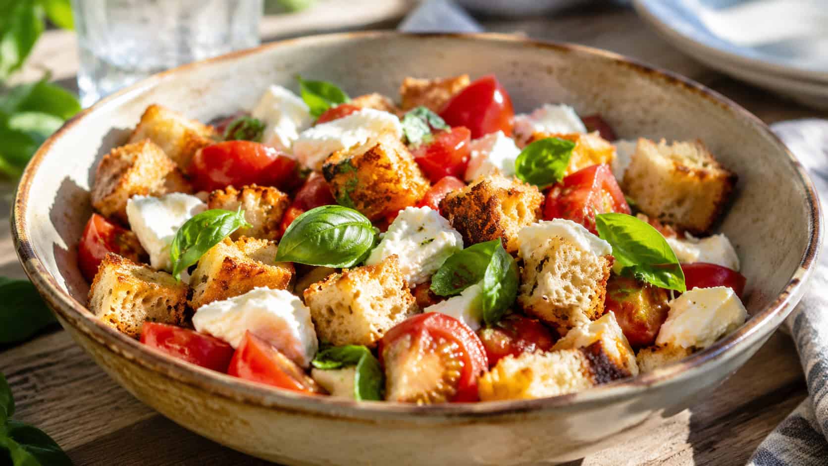 a colorful bread salad with golden bread cubes, red tomatoes, torn white mozzarella, and green basil, shown in a wide horizontal shot in a large rustic bowl, on a sunny table, bright natural light, shallow depth of field, landscape orientation