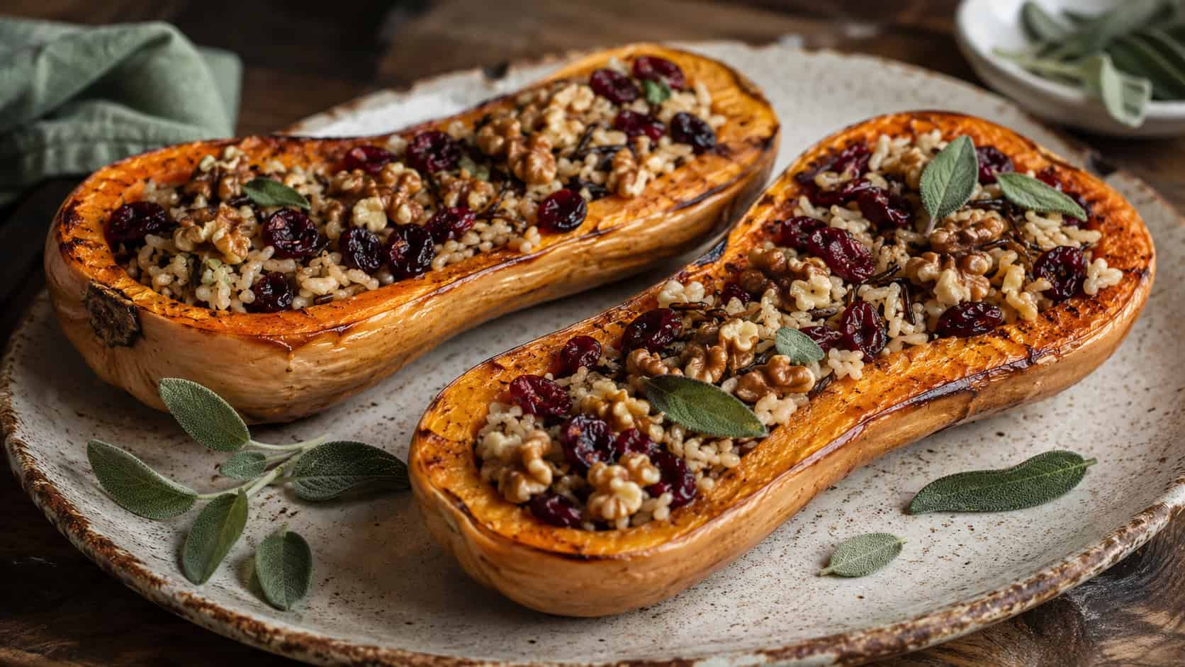 roasted butternut squash halves filled with rice, cranberries, and walnuts arranged wide across a rustic platter, fresh sage scattered nearby, warm natural light, shallow depth of field, horizontal landscape composition