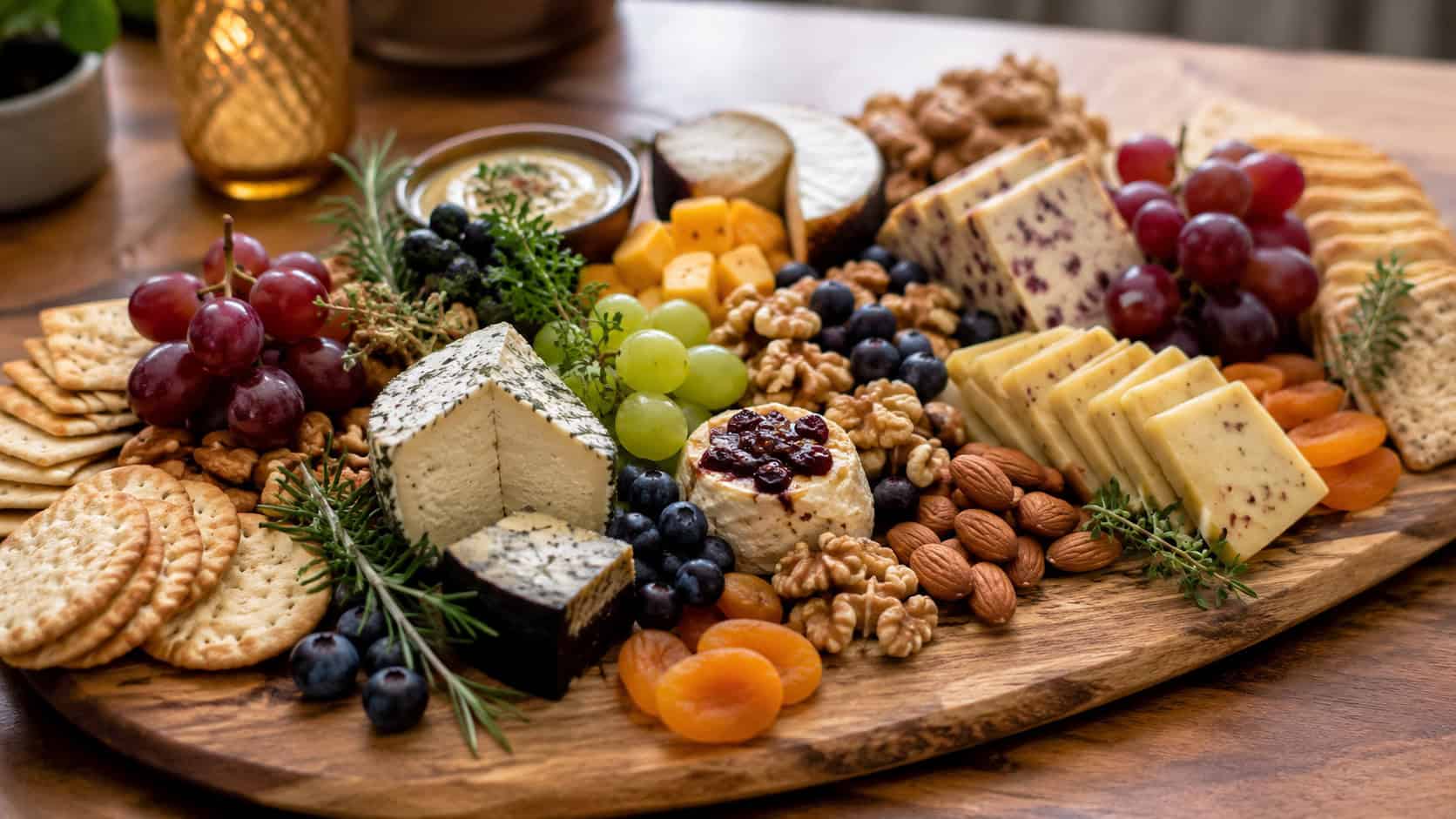 an abundant vegan cheese board with assorted dairy-free cheeses, grapes, nuts, and crackers shown wide across a wooden table, herb sprigs tucked between, warm natural light, shallow depth of field, horizontal landscape composition