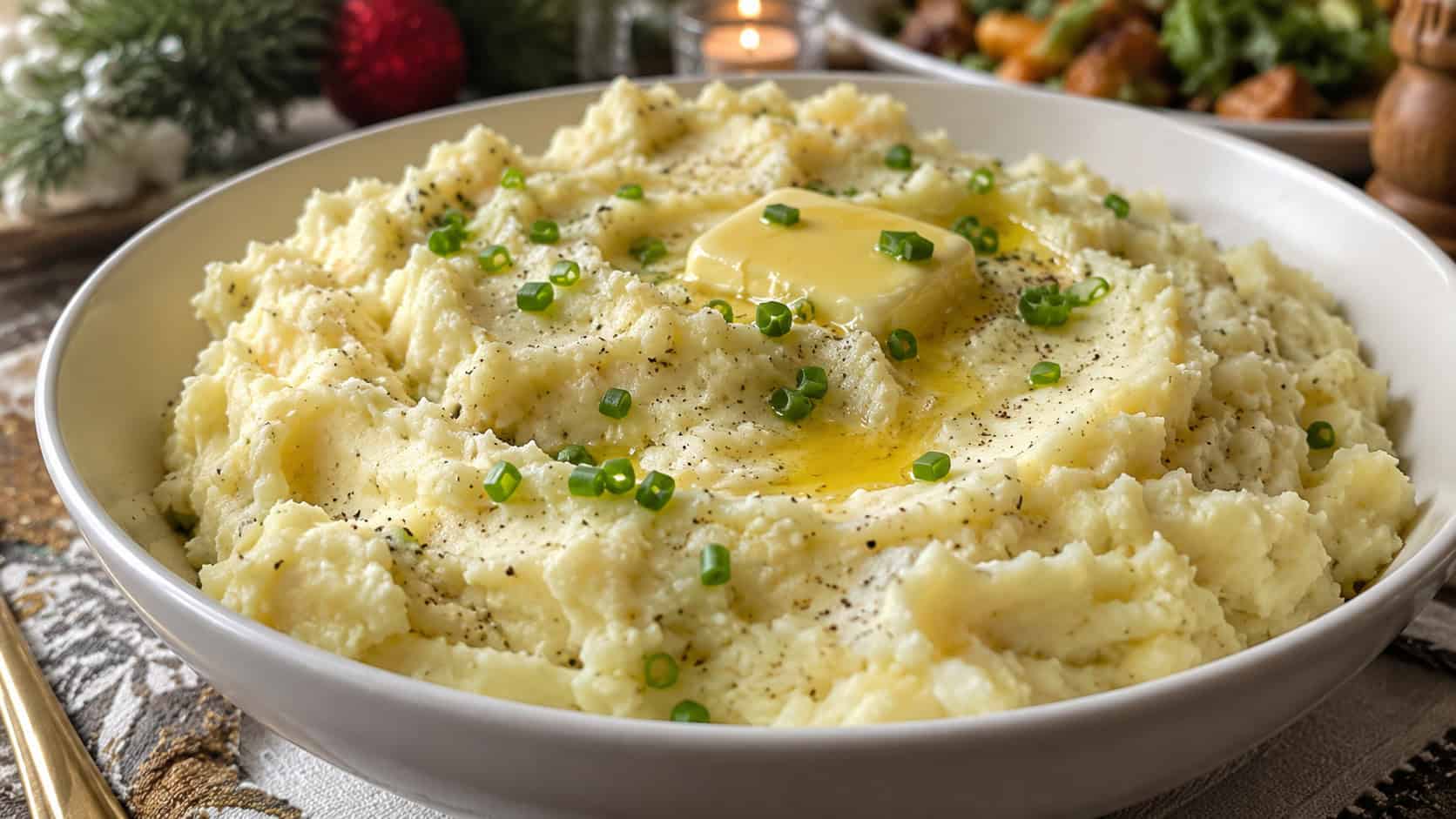 a wide bowl of fluffy garlic mashed potatoes topped with melted vegan butter and chopped chives, shown across the frame on a holiday table, soft natural light, shallow depth of field, landscape orientation