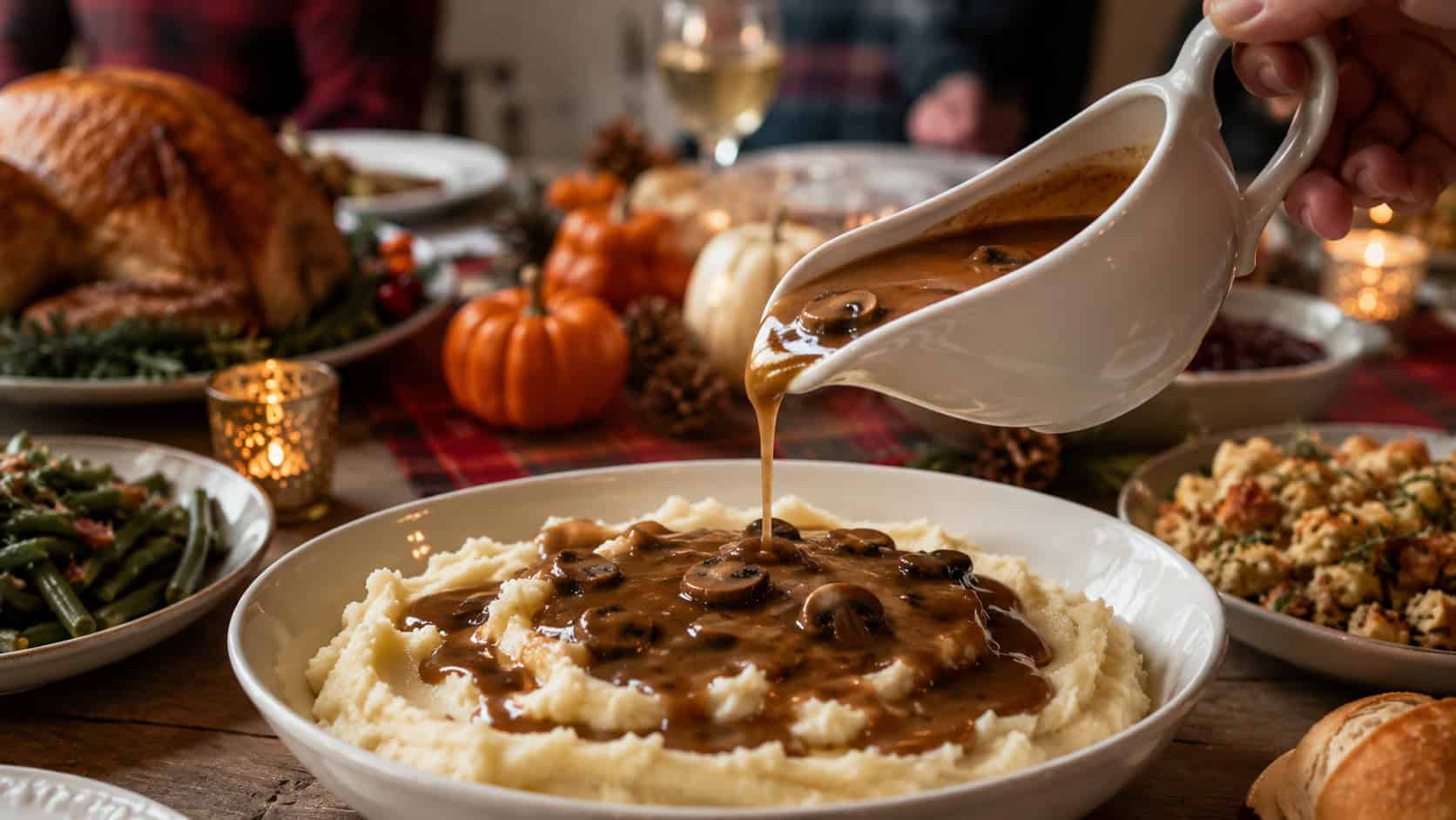 a gravy boat of glossy brown mushroom gravy being poured over mashed potatoes, shown wide across a holiday table, warm natural light, shallow depth of field, horizontal landscape composition