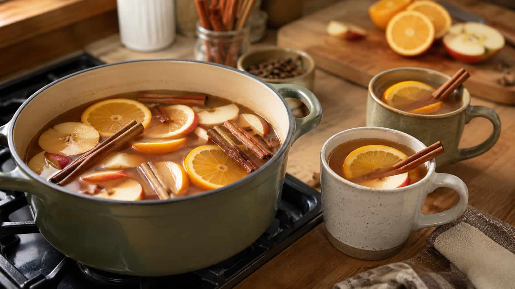 a pot of warm spiced apple cider with floating orange slices and cinnamon sticks, shown wide on a stovetop beside filled mugs, warm natural light, shallow depth of field, horizontal landscape composition