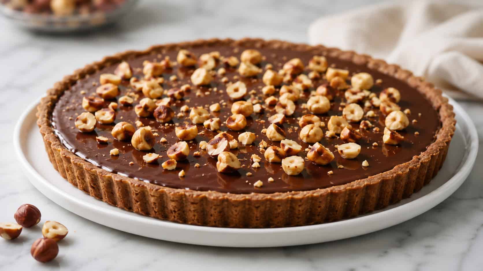 a glossy chocolate hazelnut tart topped with toasted hazelnuts on a white platter shown wide across a marble counter, a few loose hazelnuts nearby, soft natural light, shallow depth of field, landscape orientation