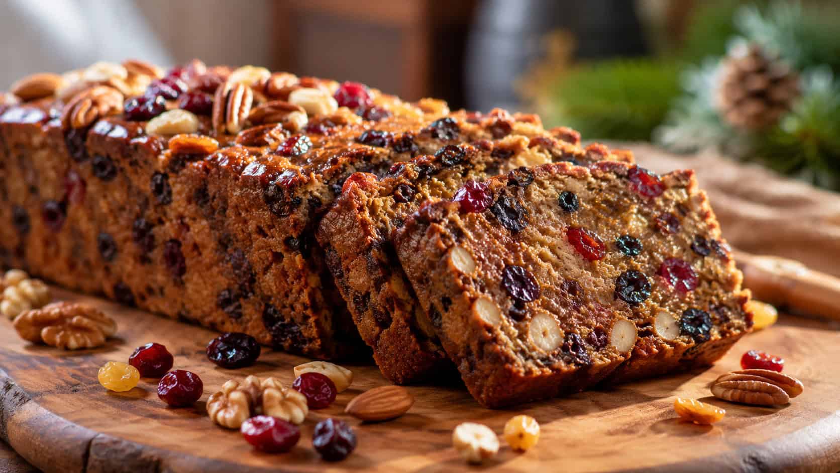 a sliced nutty Christmas fruitcake on a wooden board shown wide across the frame, scattered nuts and dried fruit nearby, warm natural light, shallow depth of field, landscape orientation