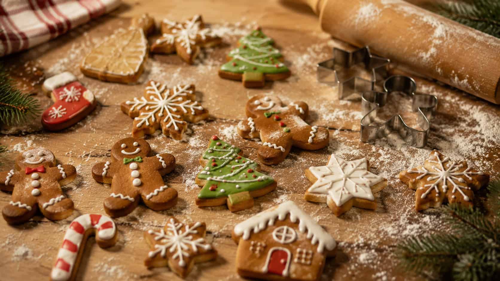 decorated gingerbread cookies in festive shapes arranged wide across a floured wooden surface, a rolling pin and cookie cutters nearby, warm natural light, shallow depth of field, horizontal landscape composition