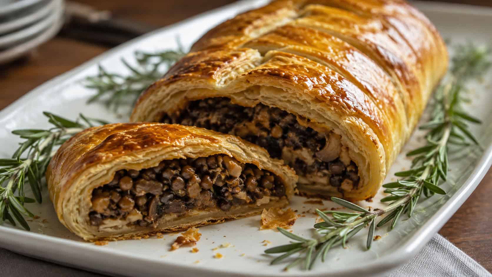 a golden puff pastry Wellington sliced to show the mushroom and lentil filling, shown wide on a platter with rosemary garnish, warm natural light, shallow depth of field, landscape orientation