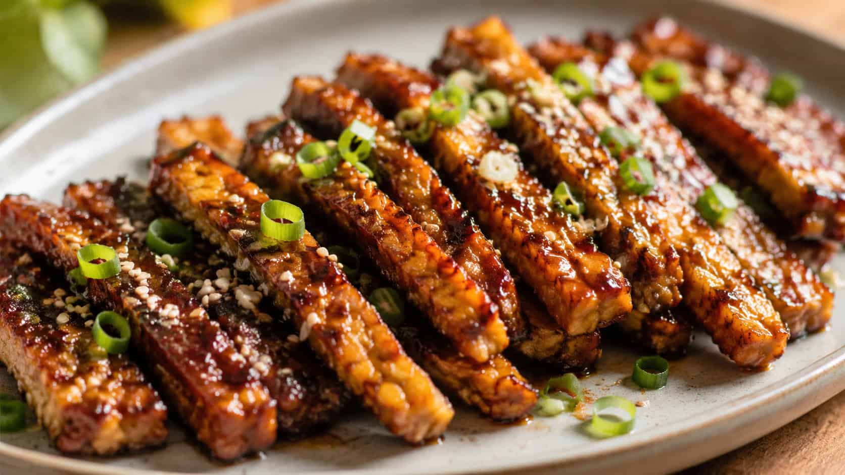 glazed tempeh strips glistening with maple soy sauce arranged wide across a plate, a sprinkle of sesame seeds and scallions on top, warm natural light, shallow depth of field, horizontal landscape composition