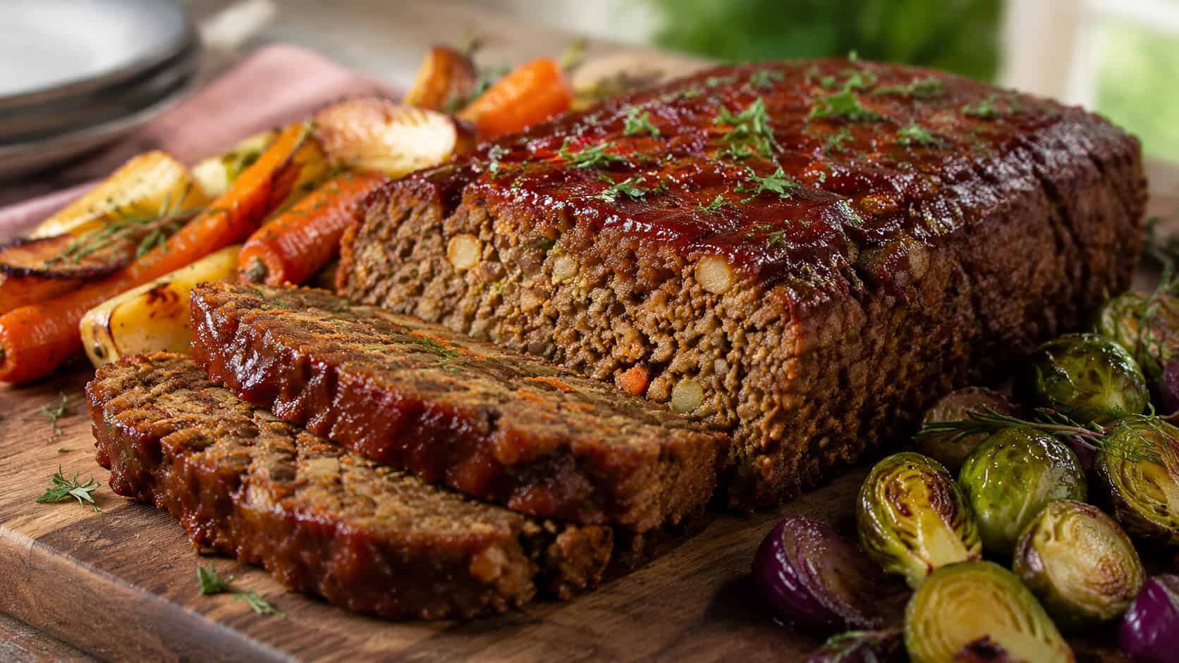 a sliced lentil loaf with a glossy glaze shown wide on a serving board, roasted vegetables and herbs around it, warm natural light, shallow depth of field, landscape orientation