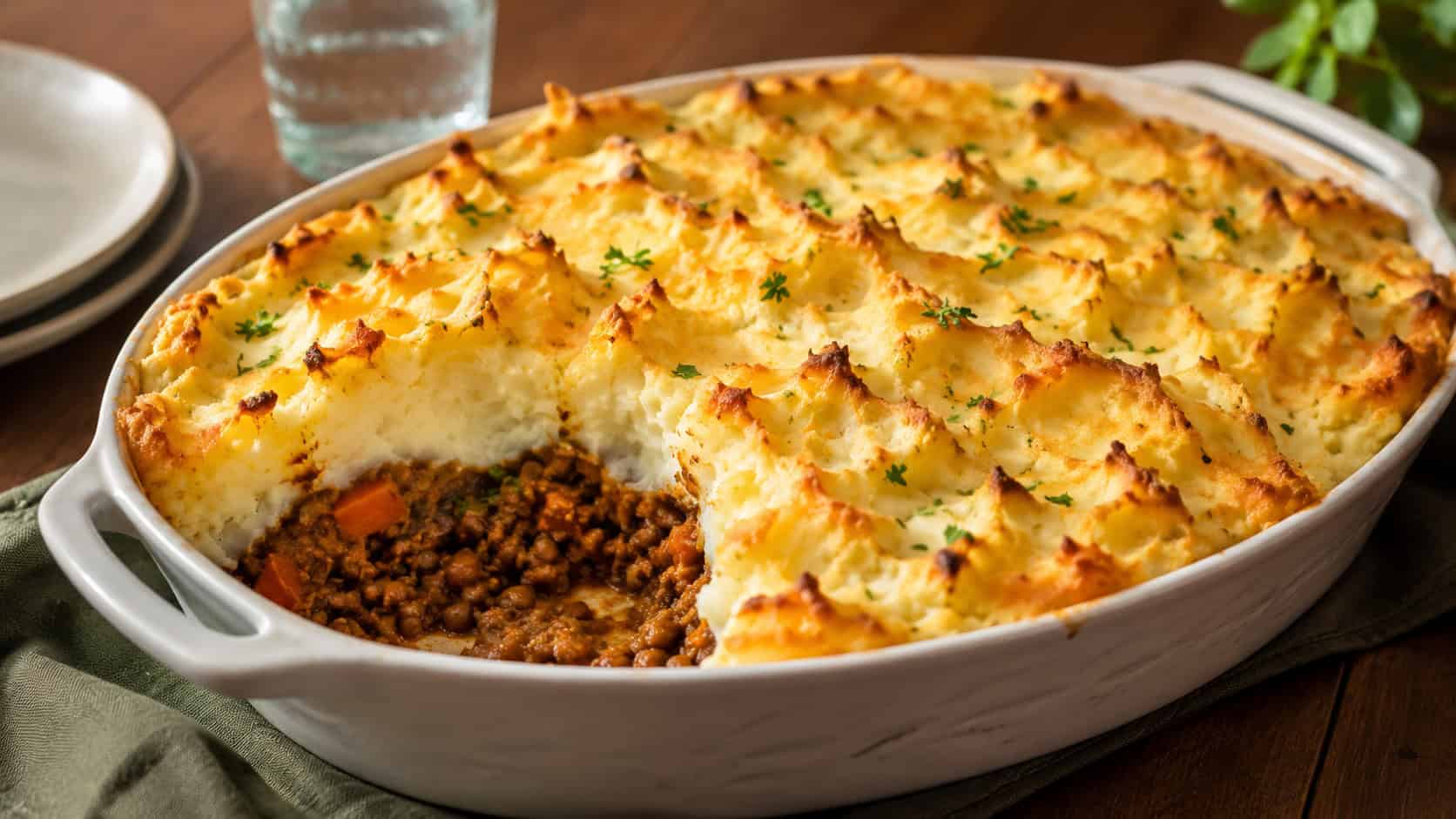 a baking dish of shepherd's pie with golden peaked mashed potato topping shown wide across a table, a scoop removed to reveal the lentil filling, warm natural light, shallow depth of field, horizontal landscape composition
