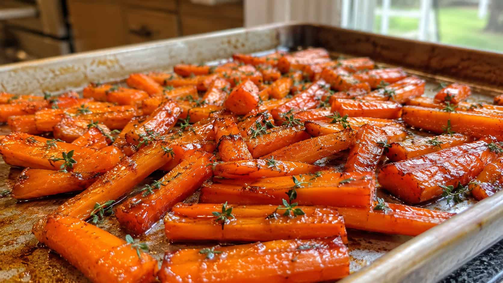 glossy maple glazed carrots spread wide across a roasting pan, fresh thyme sprinkled over the top, warm natural light, shallow depth of field, landscape orientation