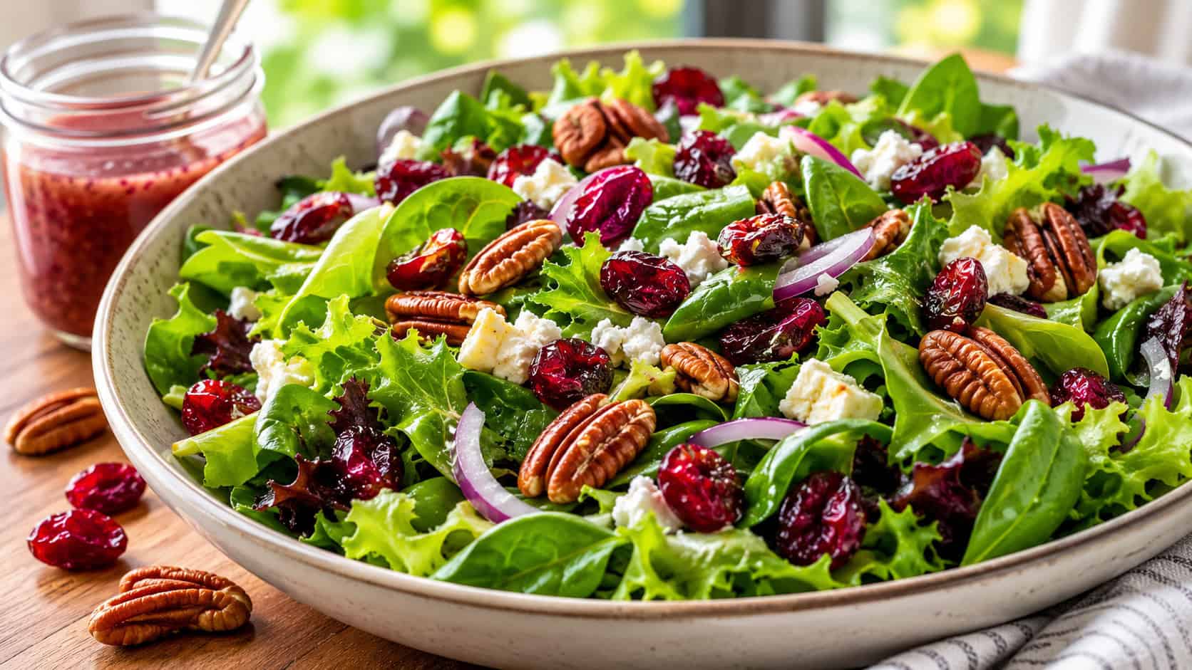 a fresh green salad topped with red cranberries and pecans in a wide shallow bowl shown across the frame, a small jar of dressing nearby, bright natural light, shallow depth of field, horizontal landscape composition