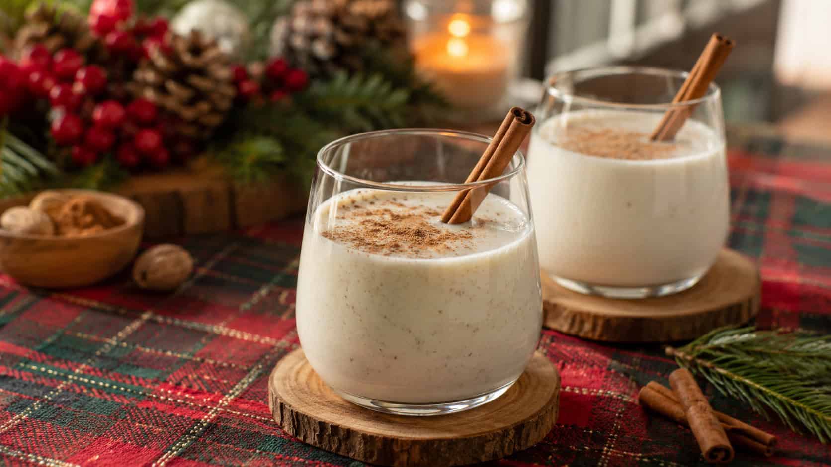 glasses of creamy vegan eggnog dusted with nutmeg shown wide on a festive table, a cinnamon stick in each glass, warm natural light, shallow depth of field, horizontal landscape composition