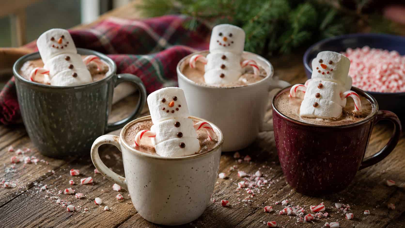 four mugs of creamy hot cocoa each topped with a stacked marshmallow snowman with a tiny candy face, in a wide horizontal shot on a rustic wooden table with scattered crushed candy canes and a cozy plaid napkin, natural window light, shallow depth of field, landscape orientation
