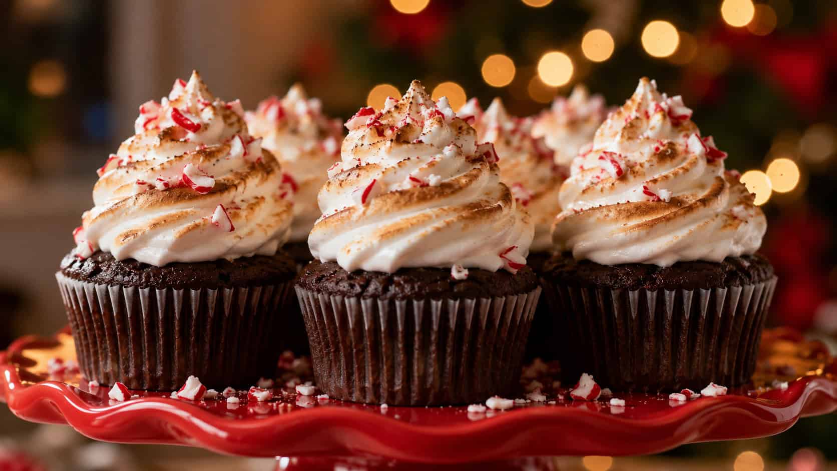 chocolate cupcakes topped with tall toasted marshmallow frosting swirls and crushed candy canes, in a wide horizontal shot lined up on a red cake stand with a soft bokeh of holiday lights behind, warm natural light, shallow depth of field, landscape orientation