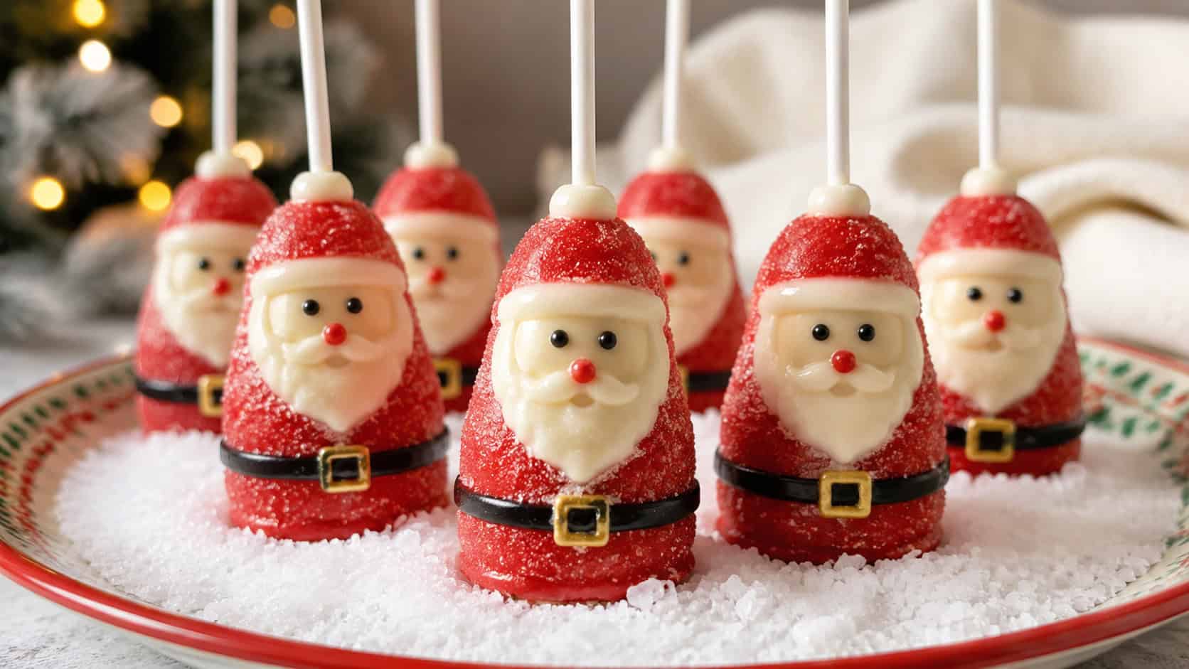 white chocolate marshmallow Santa pops with red sugared coats, candy faces, and black icing belts, in a wide horizontal shot standing in a snowy-white sugar bed on a festive plate, soft natural light, shallow depth of field, landscape orientation