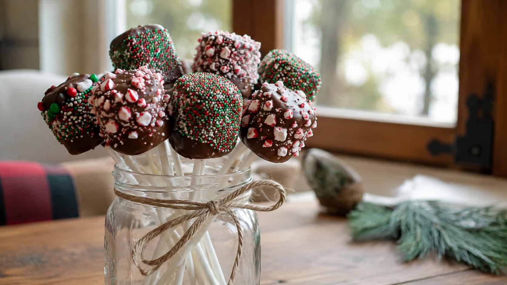 chocolate-dipped marshmallow pops rolled in red and green sprinkles and candy cane bits, in a wide horizontal shot bundled in a tall glass jar tied with twine on a wooden table, bright natural light, shallow depth of field, landscape orientation