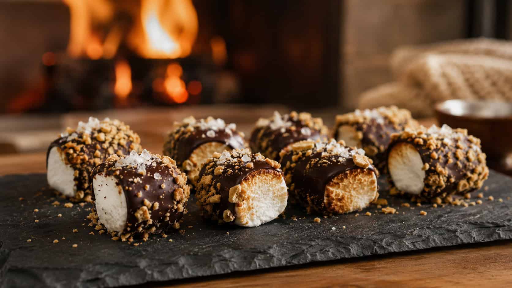toasted marshmallow treats dipped in dark chocolate and rolled in graham crumble with a touch of flaky salt, in a wide horizontal shot on a slate board near a softly glowing fireplace, warm natural light, shallow depth of field, landscape orientation