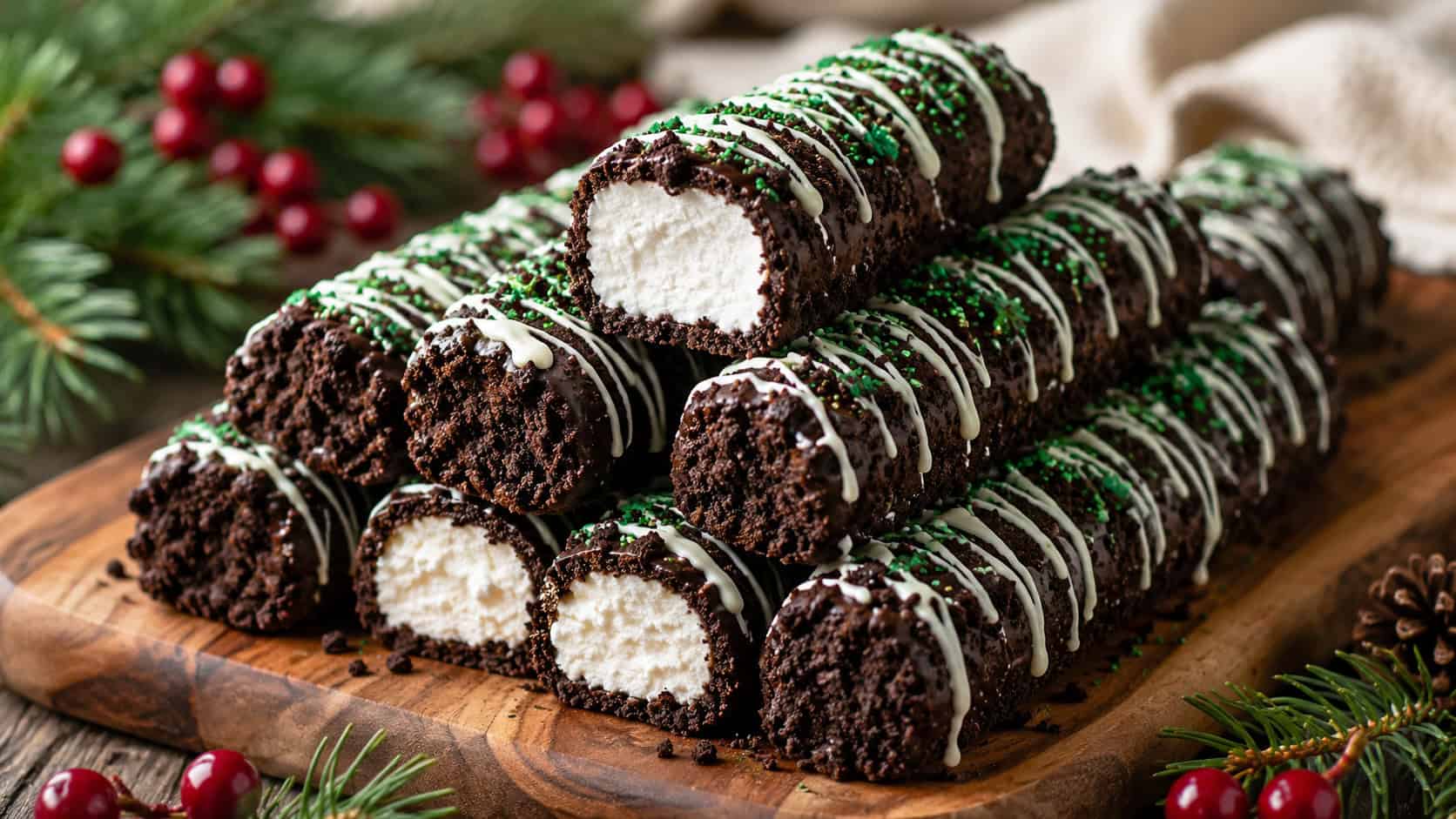 chocolate-coated marshmallow logs rolled in cookie crumbs with white chocolate drizzle and green sprinkles, in a wide horizontal shot arranged on a wooden serving plank with pine and berries, soft natural light, shallow depth of field, landscape orientation
