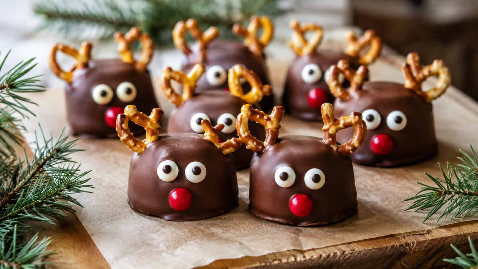 a batch of chocolate-covered marshmallow reindeer cookies with pretzel antlers, candy eyes, and red noses, in a wide horizontal shot on a parchment-lined wooden board scattered with pine sprigs, bright natural light, shallow depth of field, landscape orientation