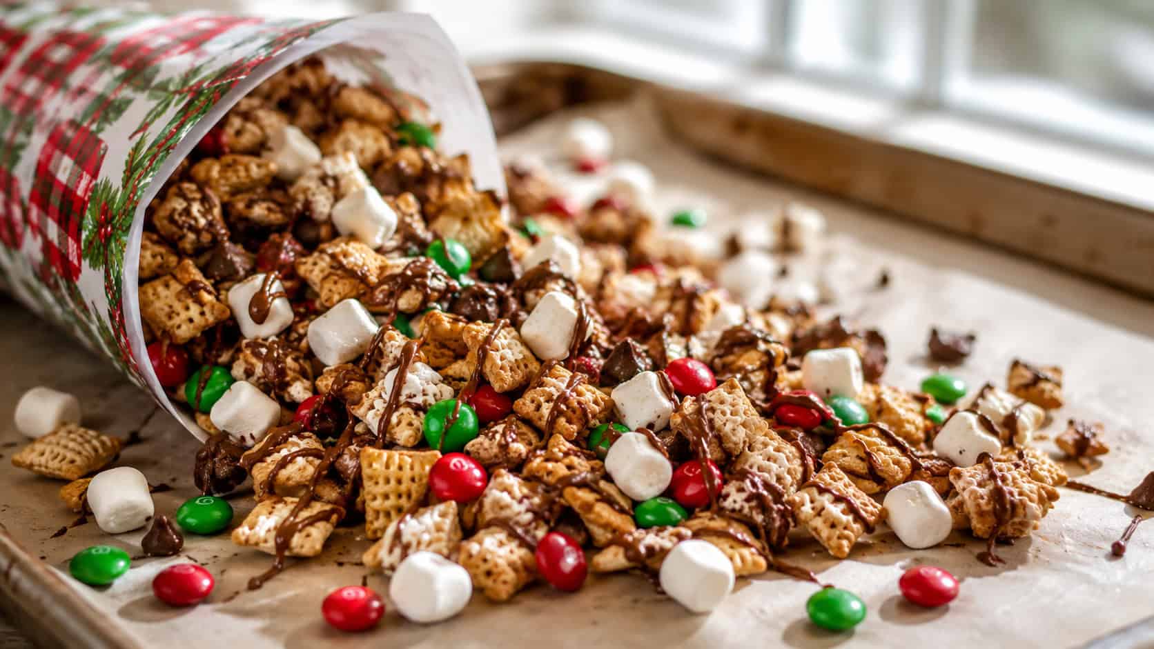 a festive s'mores snack mix with graham cereal, marshmallows, chocolate drizzle, and red and green candies, in a wide horizontal shot overflowing from a holiday paper cone onto a parchment-lined tray, bright natural light, shallow depth of field, landscape orientation