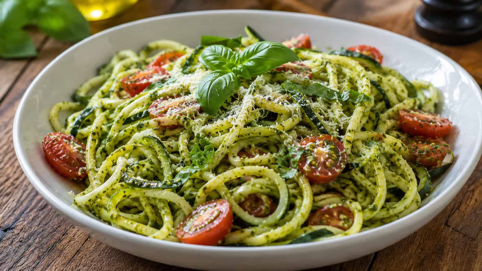 a generous tangle of green zucchini noodles glossed with pesto and dotted with halved cherry tomatoes, shown in a wide horizontal shot in a shallow white bowl with a sprinkle of Parmesan and basil, on a rustic wood table, bright natural light, shallow depth of field, landscape orientation