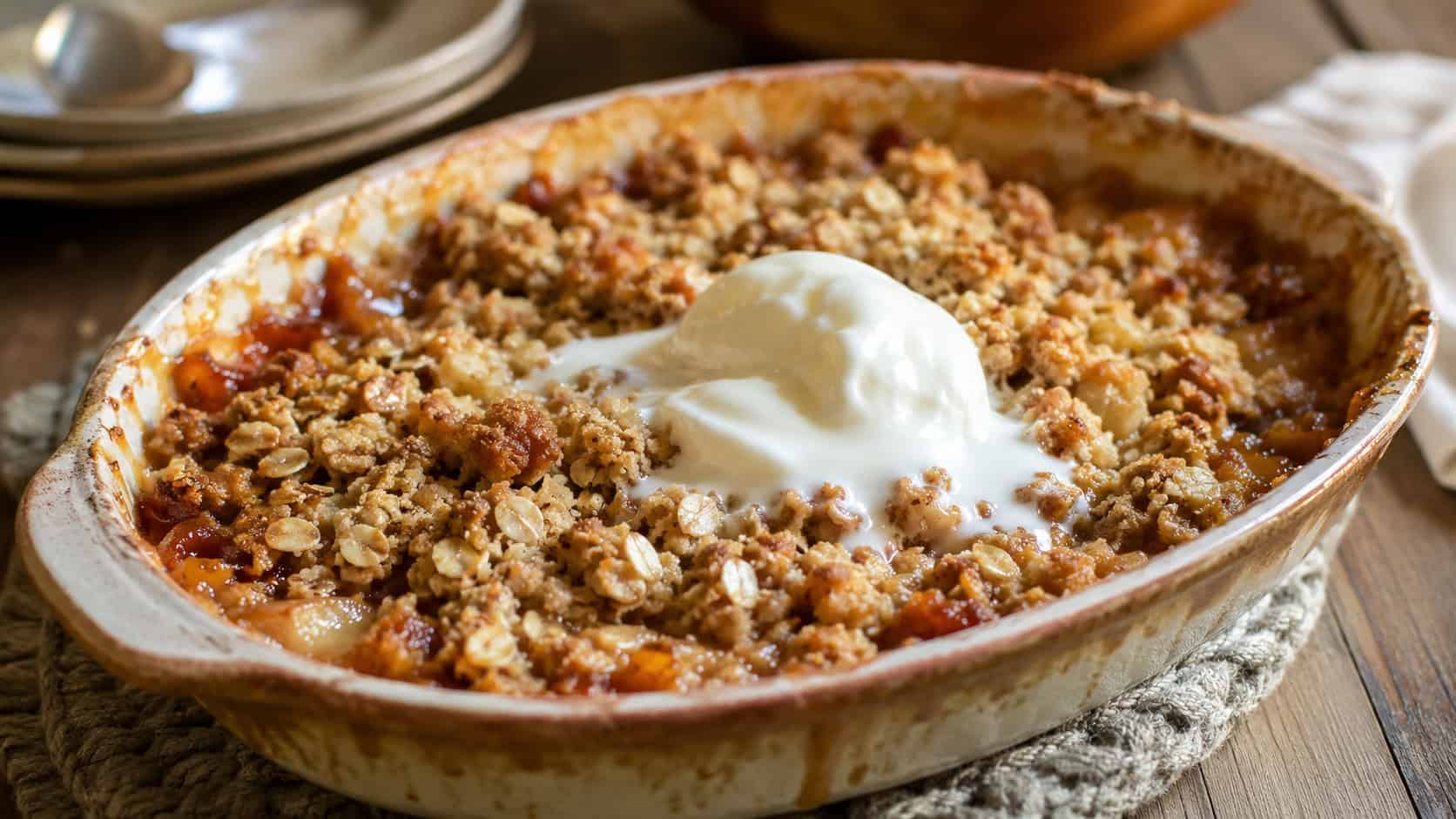 a golden baked apple crisp with a crunchy oat topping bubbling at the edges, shown in a wide horizontal shot in a rustic baking dish with a scoop of yogurt melting on top, on a cozy wooden table, warm natural light, shallow depth of field, landscape orientation