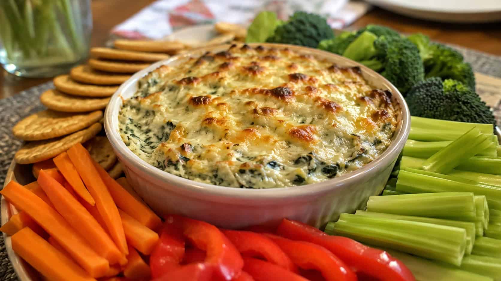 a bubbling creamy spinach and artichoke dip with a golden top, shown in a wide horizontal shot in a small round baking dish surrounded by colorful veggie dippers and crackers, on a party table, warm natural light, shallow depth of field, landscape orientation