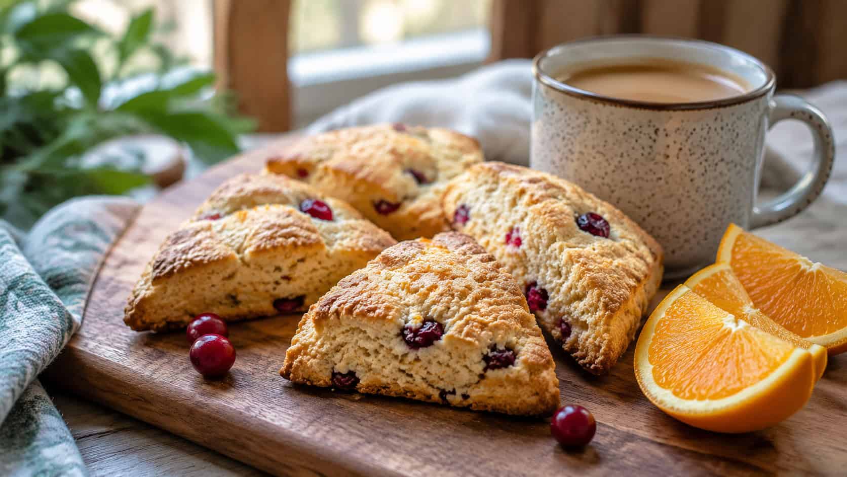 golden whole wheat scone wedges studded with red cranberries and orange zest, shown in a wide horizontal shot on a wooden board beside a mug of coffee and orange slices, on a cozy breakfast table, soft morning light, shallow depth of field, landscape orientation